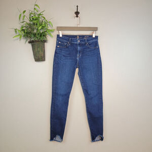 7 For All Mankind 27 Ankle Skinny Crop Jeans Chewed Dark Blue Frayed 7FAM 4